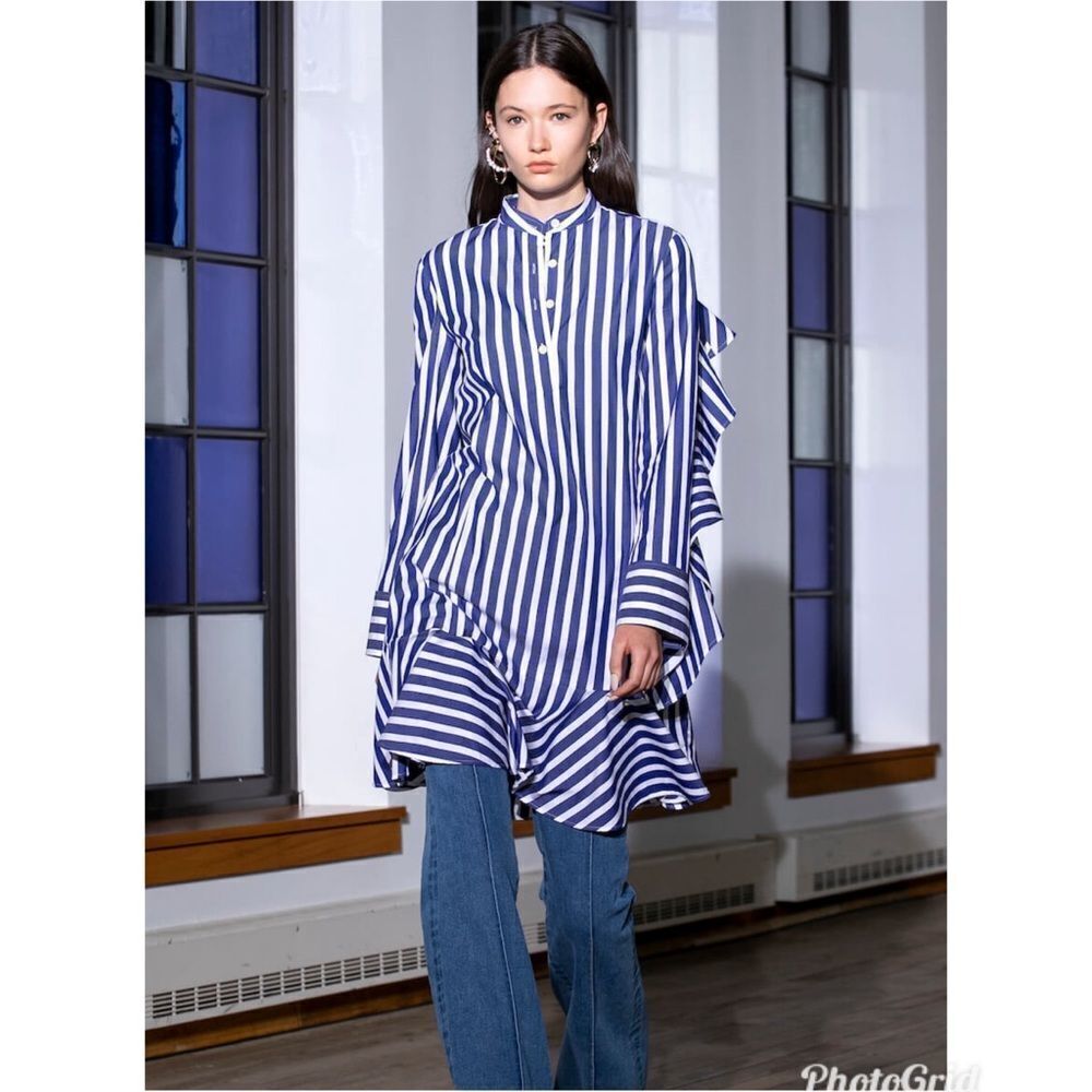 ADEAM Blue and White Striped RUFFLE SHIRT DRESS Top Size M